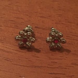 Silver Tone Ruby Flower Stud Earrings